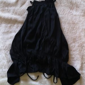 Black sleeveless, halter, silky, tie in back top
